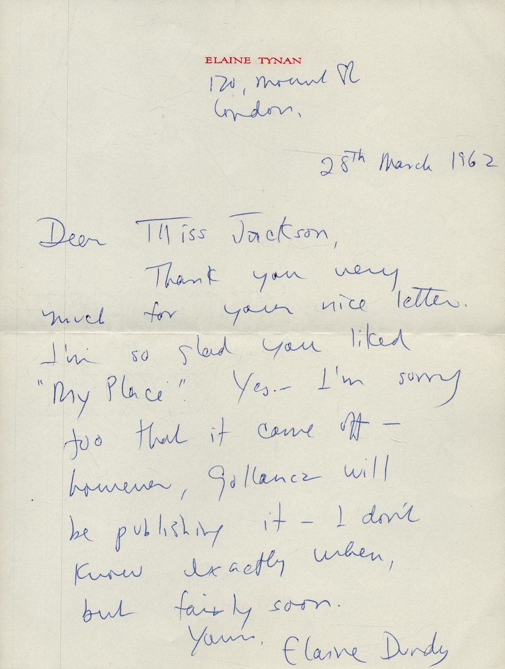 Lot 247: Elaine Tynan single page ALS on headed paper...