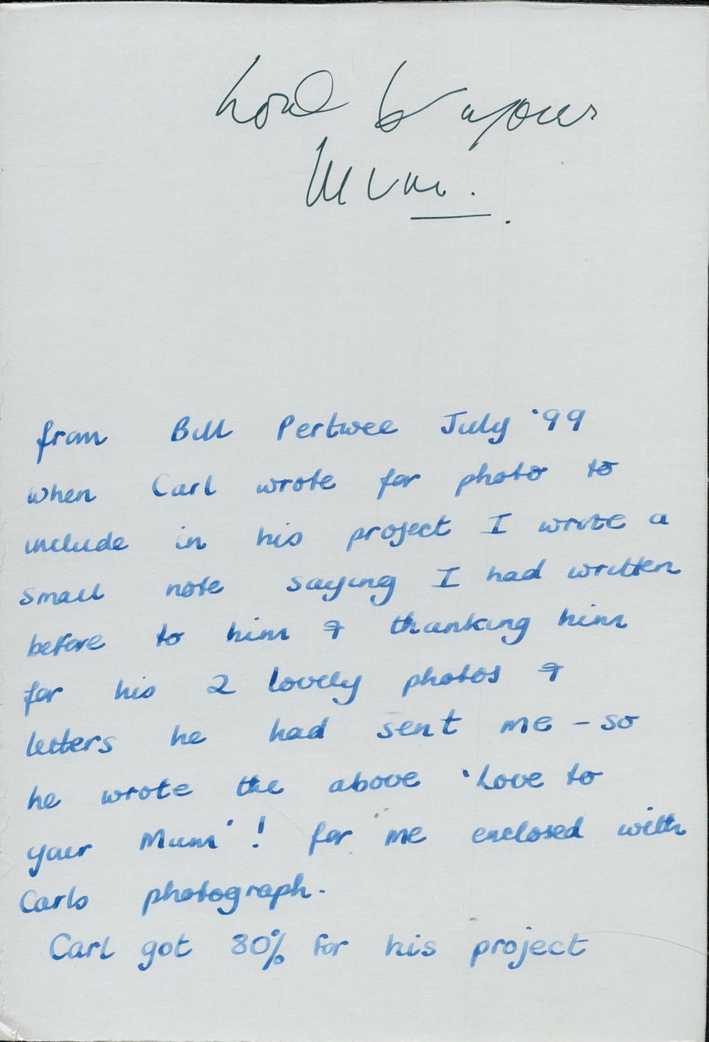 Lot 336: Bill Pertwee signed hand written letter in blue...