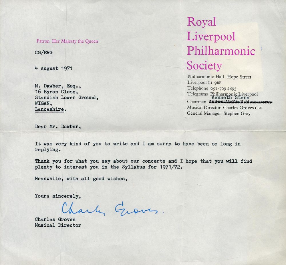 Lot 609: Charles Groves TLS. Conductor. Good condition. All autographs...