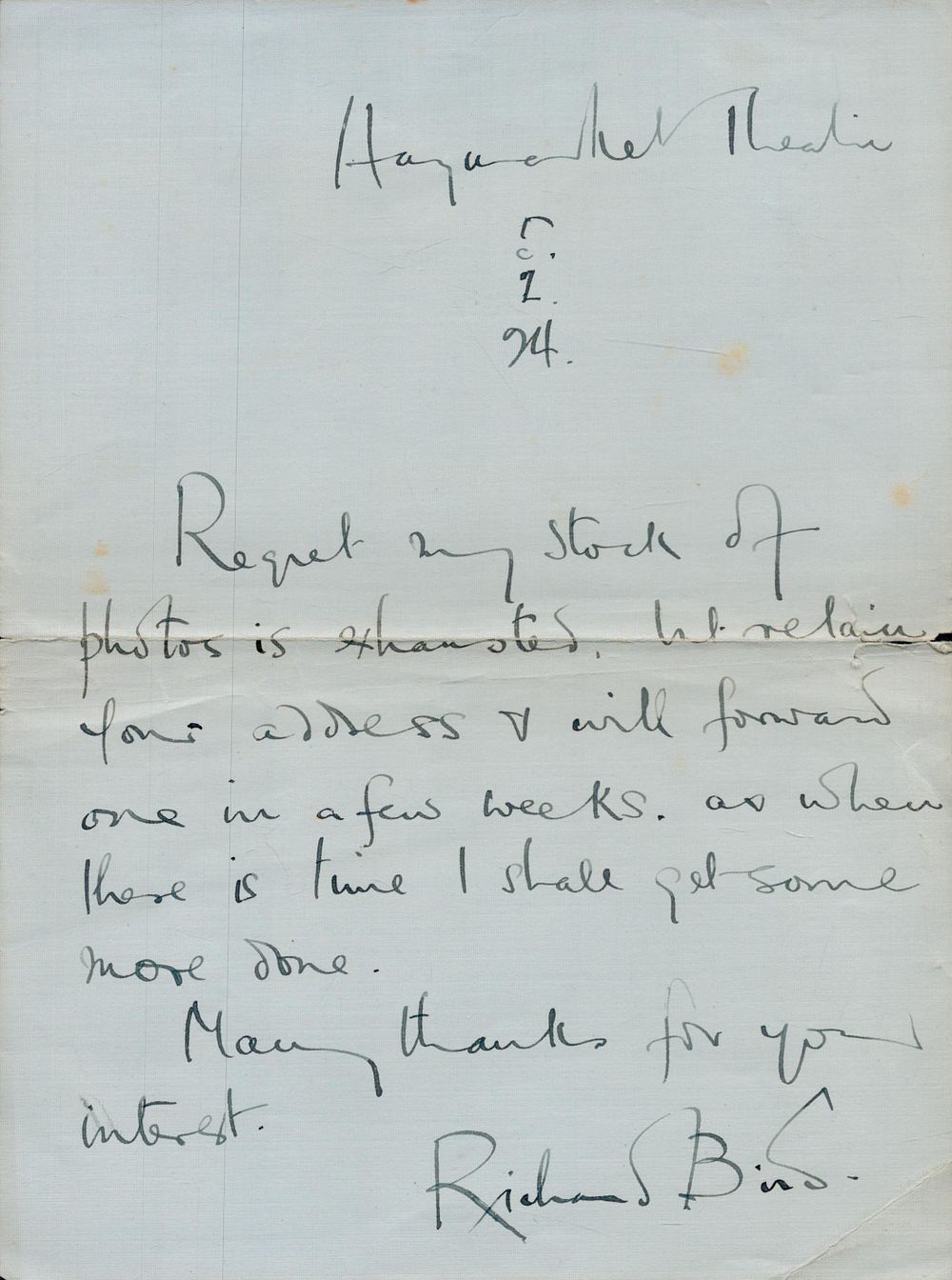 Lot 610: Richard Bird Actor and Director ALS dated 1...
