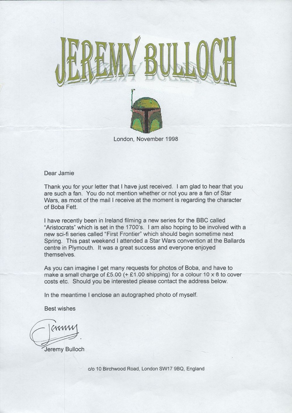 Lot 680: Tv and Film. Jeremy Bulloch Signed Typed Letter...