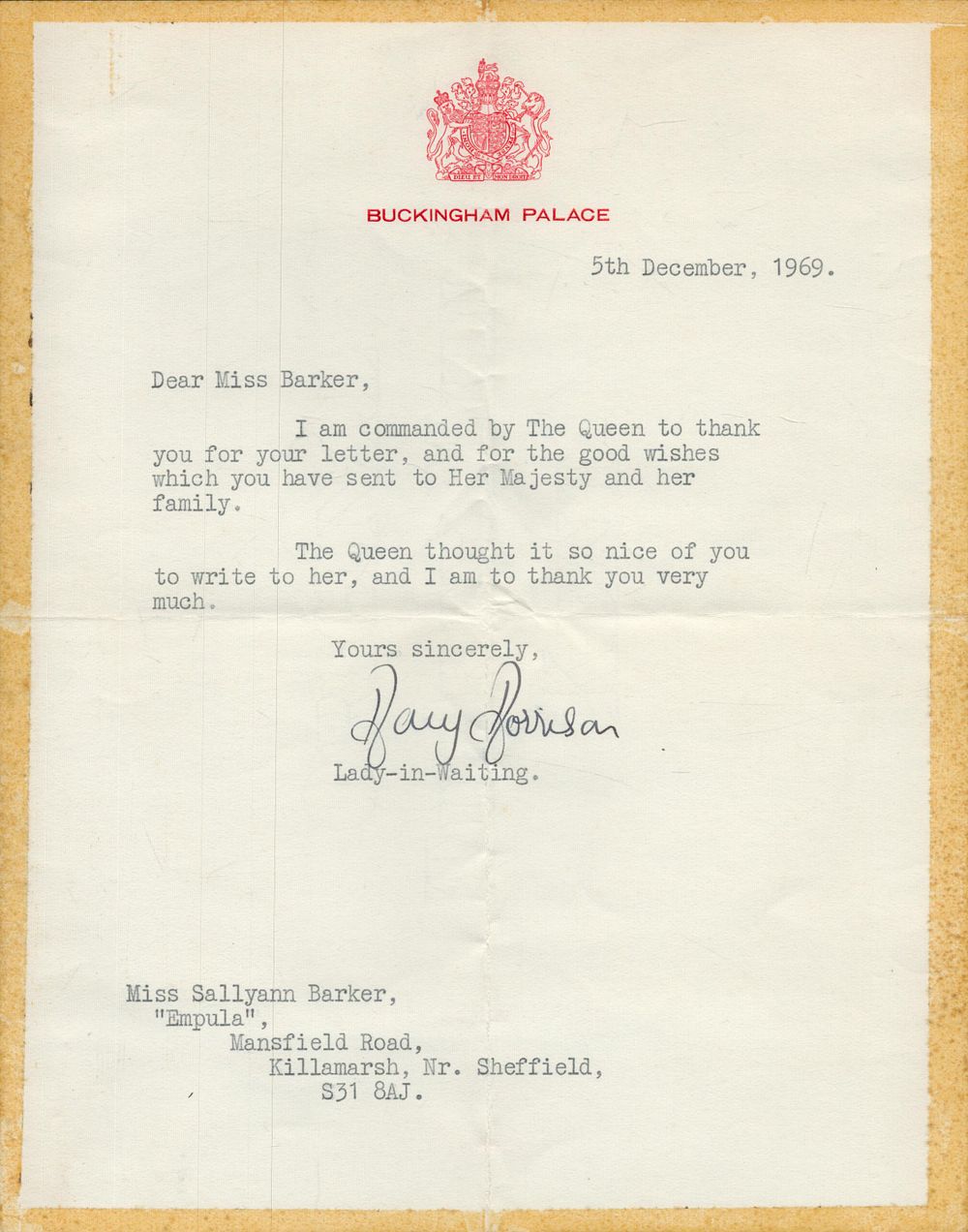 Lot 88: Mary Morrison, Lady-In-Waiting signed letter dated 5th December...