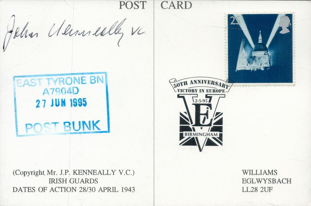 Lot 98: John Kenneally VC Irish Guards signed postcard. Good...
