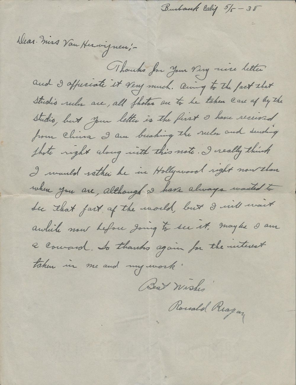 Lot 223: Ronald Reagan interesting long vintage ALS dated 5/5/38...