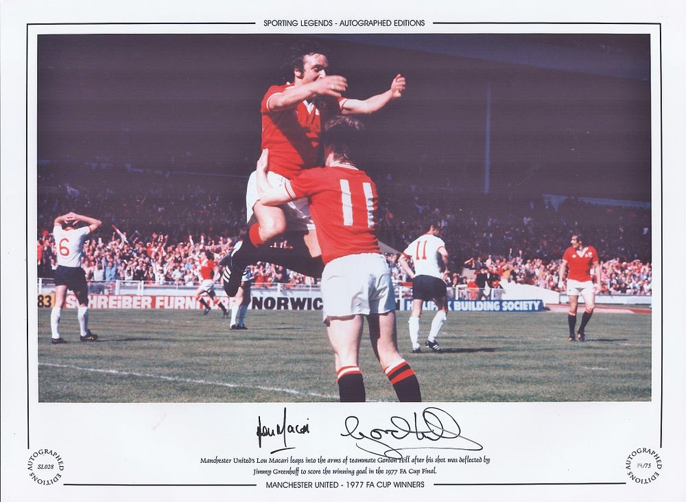 Lot 330: Lou Macari and Gordon Hill signed 16x12 Manchester...