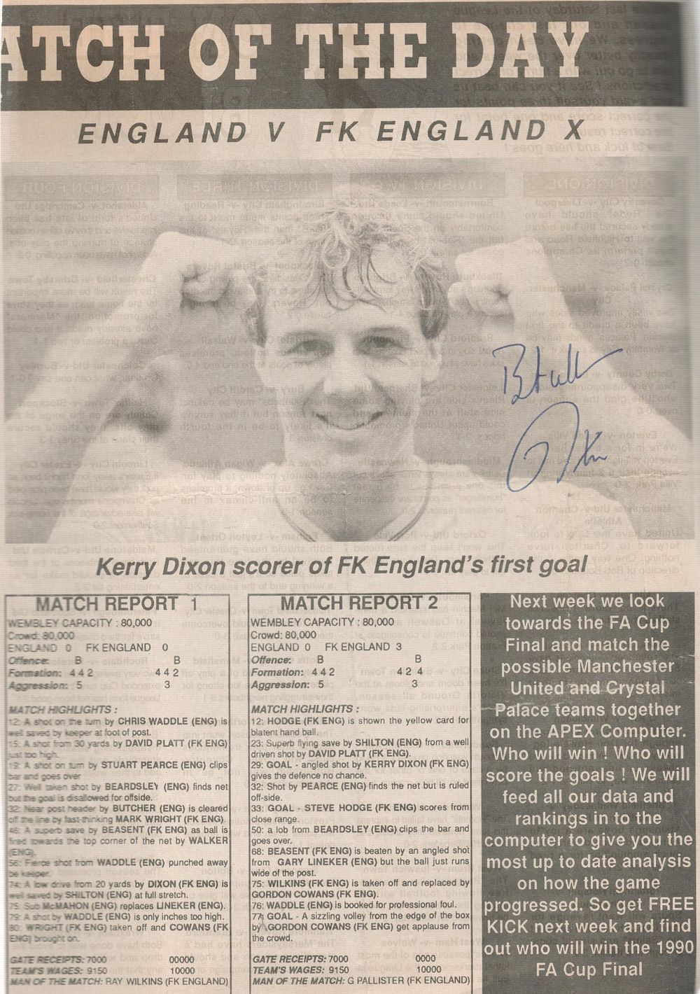 Lot 338: Kerry Dixon signed England Vs FK England X...