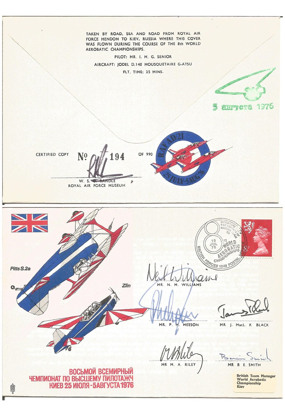 Lot 351: World Aerobatics Air Display cover, flown and signed...