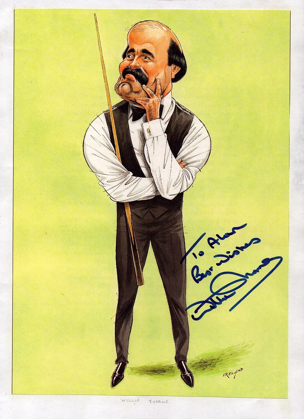 Lot 431: Willie Thorne signed 11.5x8.5-inch colour caricature picture dedicated....