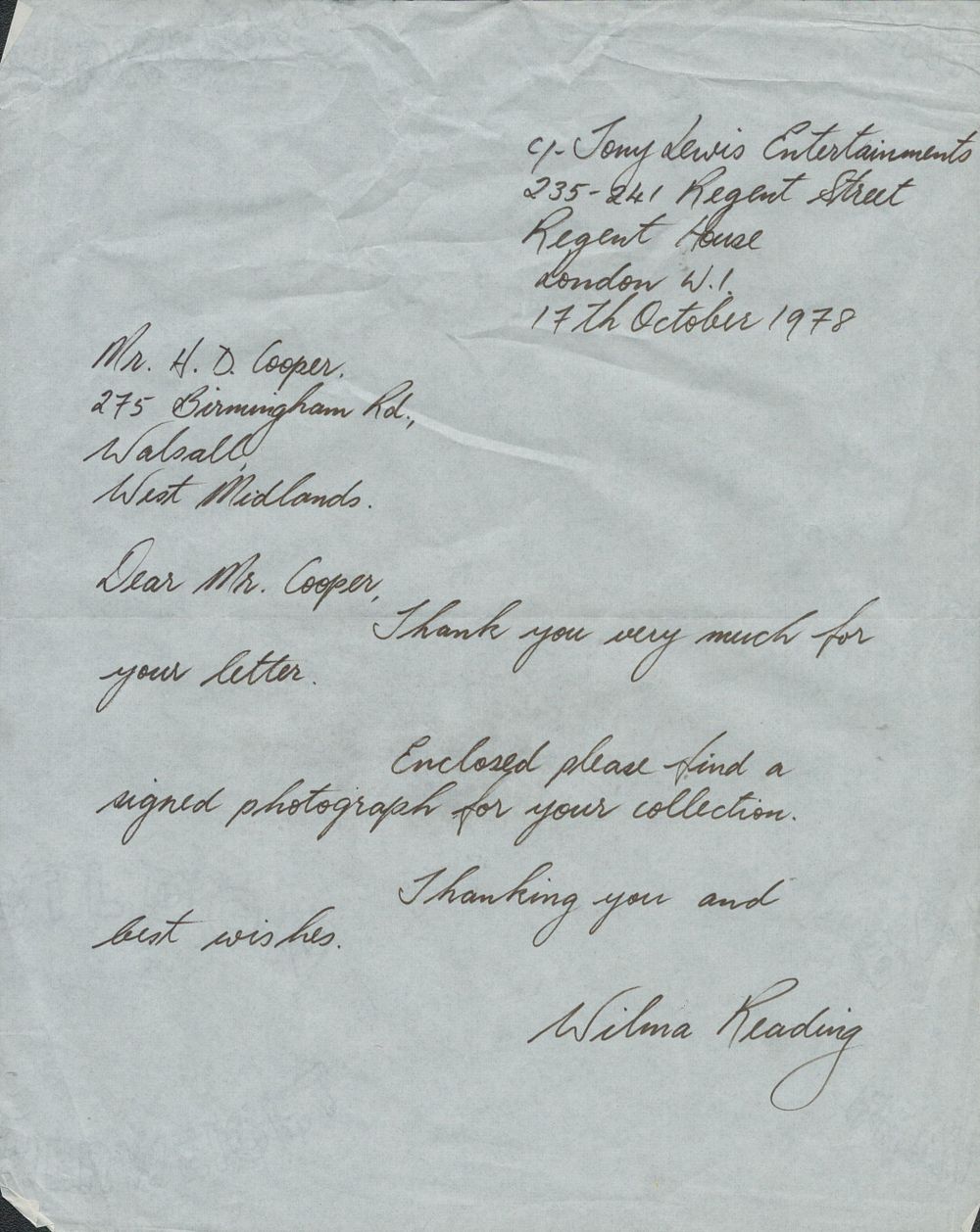 Lot 453: Wilma Reading Australian Singer Als Dated 17th Oct...