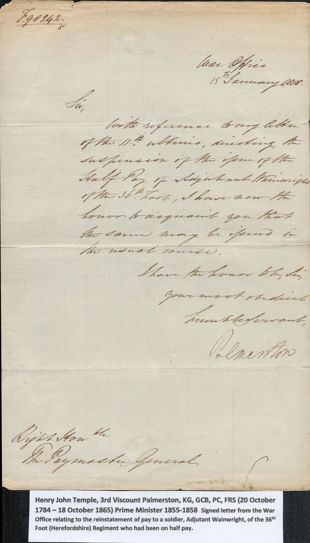 Lot 70: Viscount Palmerston ALS from the War office. Good...