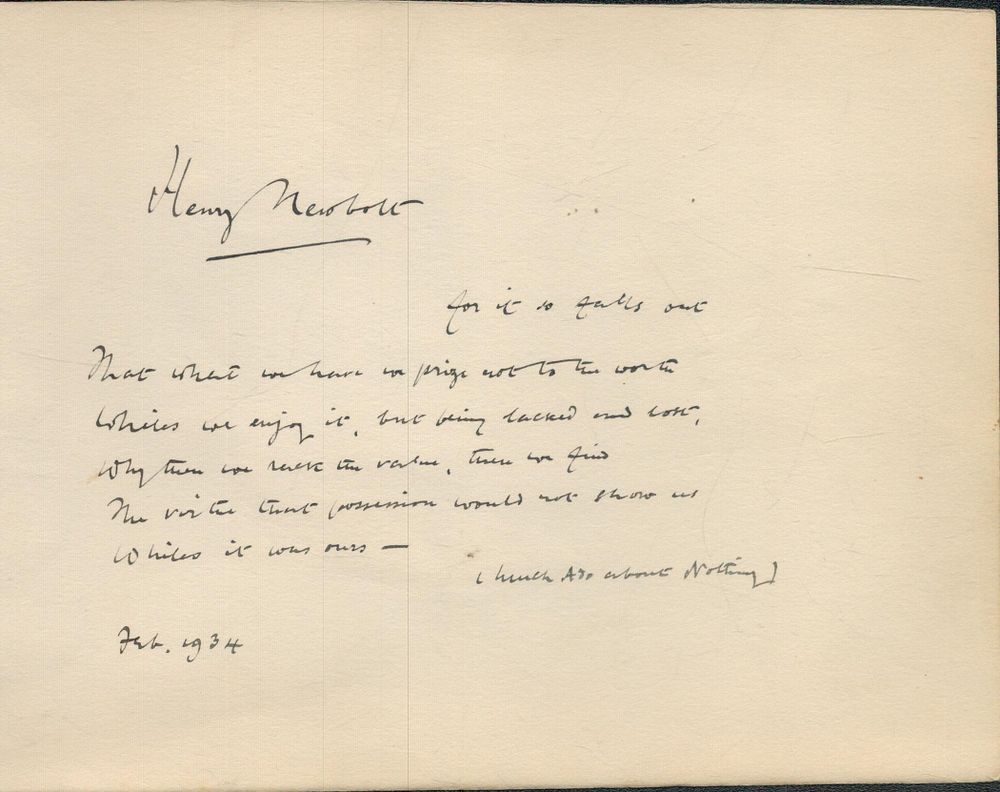 Lot 83: Henry Newbolt handwritten Shakespeare quote. Good condition. All...