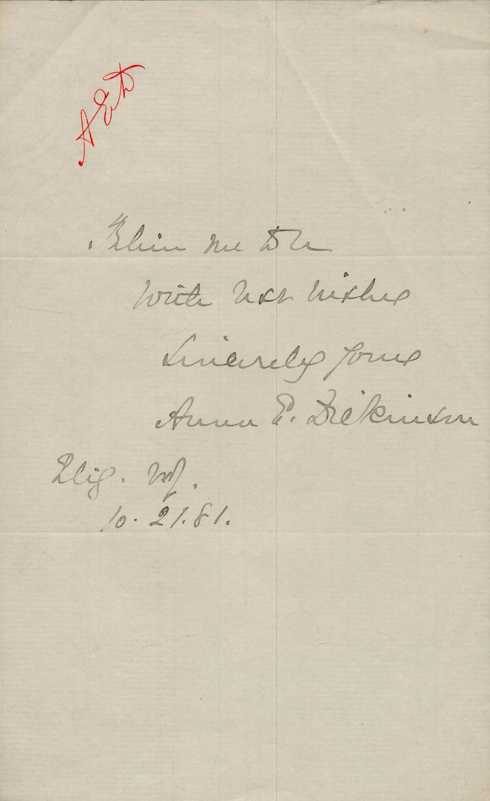 Lot 92: Anna E Dickinson signature pièce. American suffrage abolitionist....