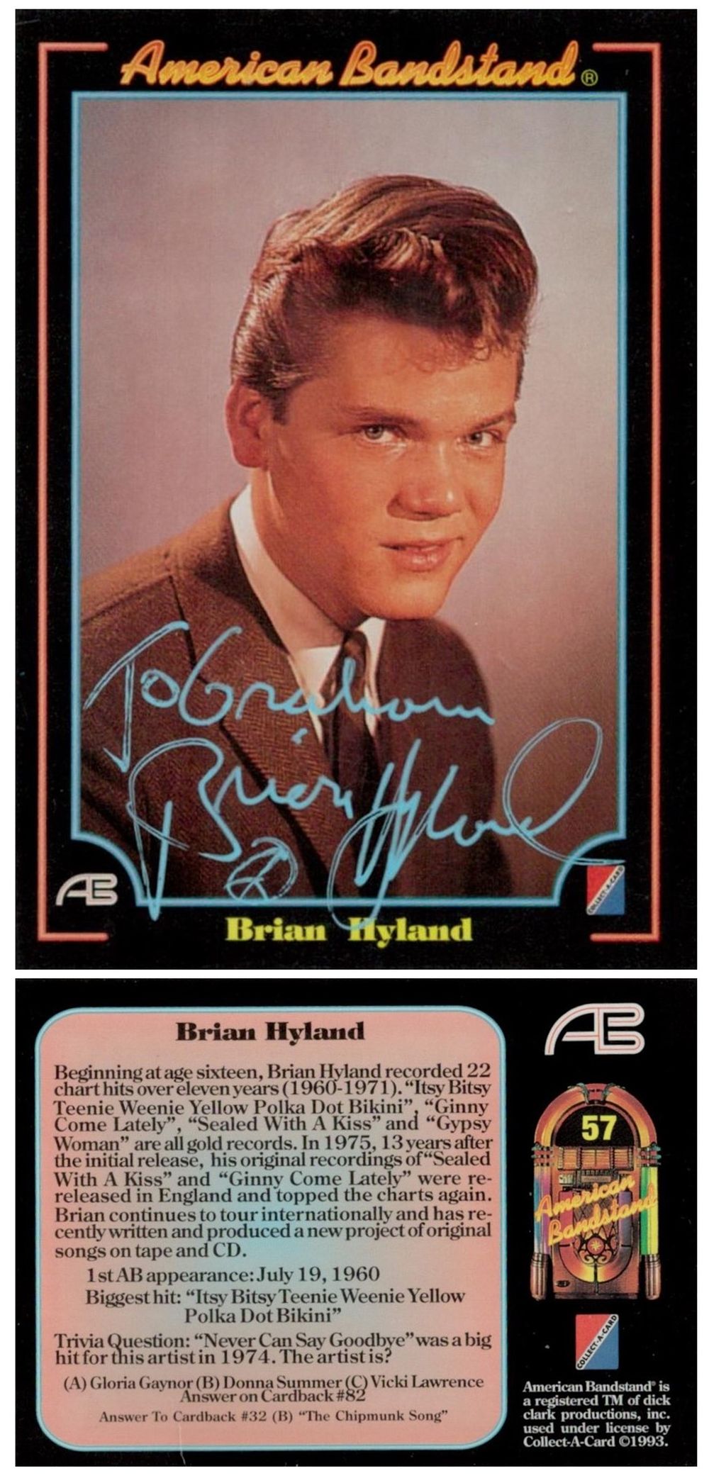 Lot 149: Brian Hyland signed 3x2inch colour photo card. Good...