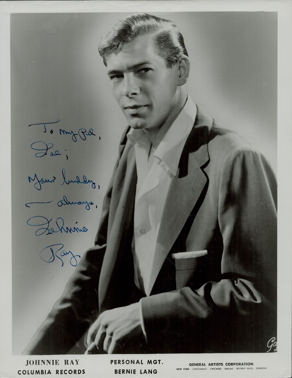 Lot 151: Johnnie Ray signed 10x8inch black and white photo....