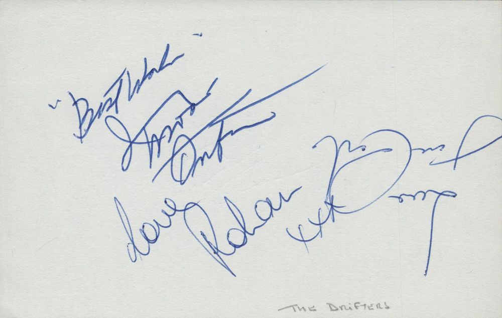 Lot 160: The Drifters signed 6x4inch white card. Good condition....