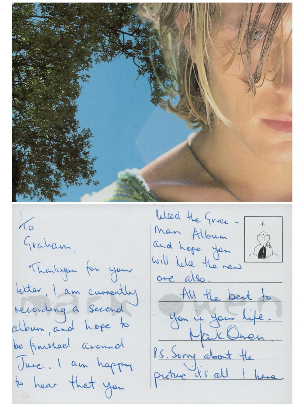 Lot 171: Mark Owen signed picture postcard. Signed on reverse....
