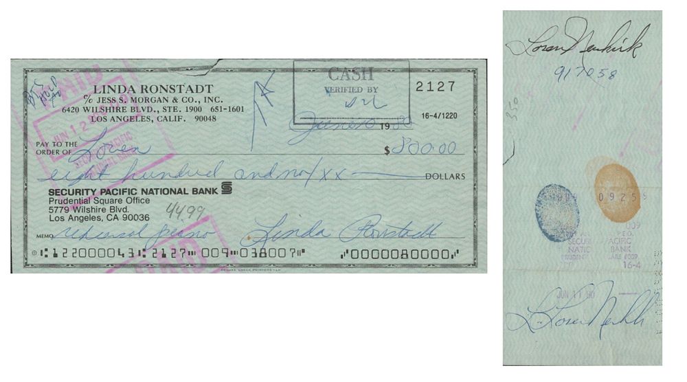 Lot 175: Linda Ronstadt signed cheque. Good condition. All autographs...
