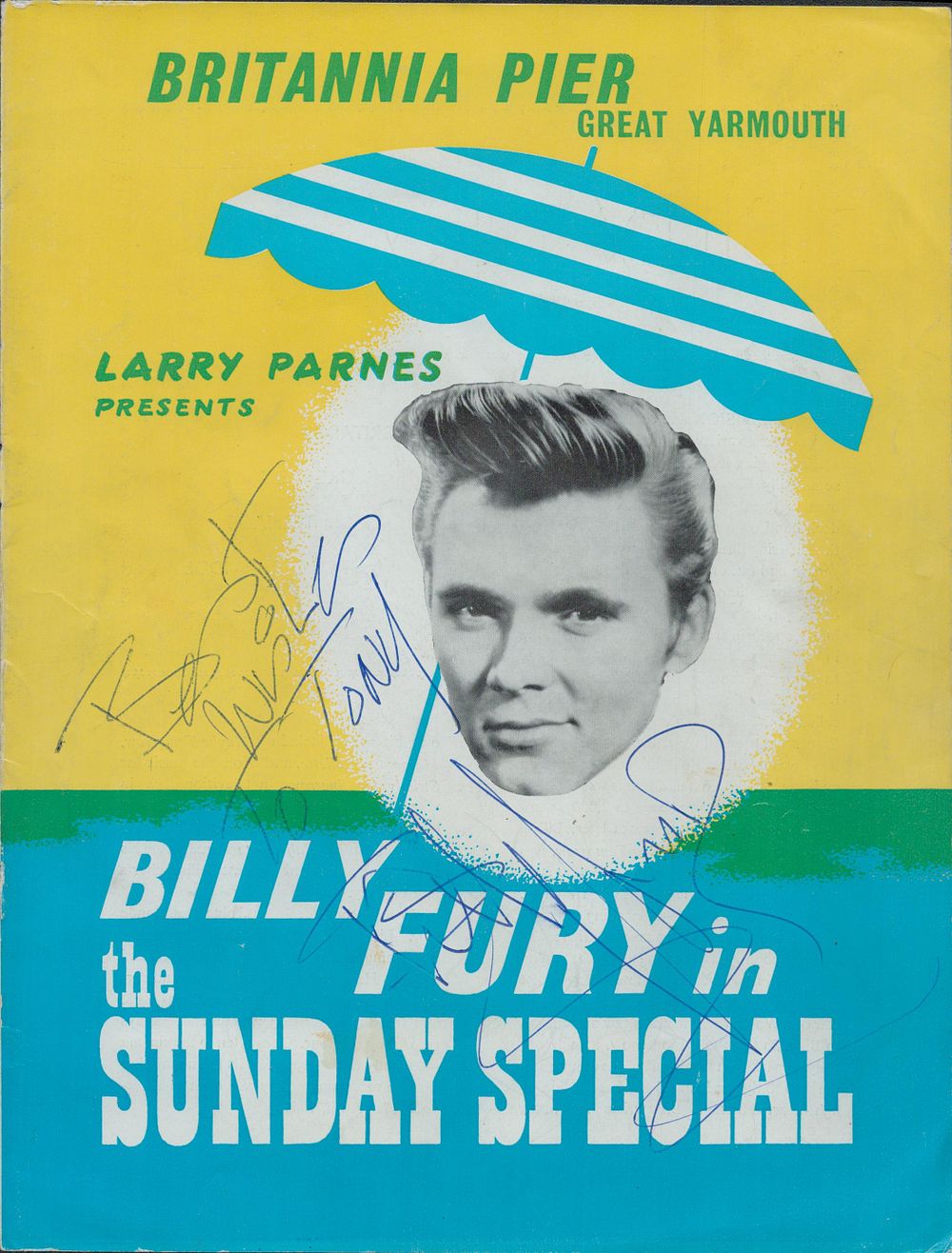 Lot 177: Billy Fury signed front page of programme. Good...