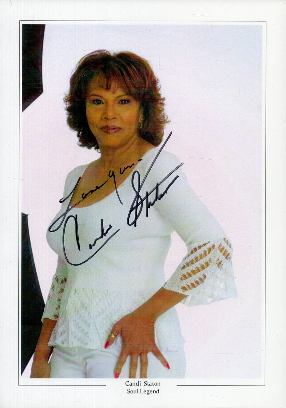 Lot 239: Candi Staton signed 12x8inch colour photo. Good condition....