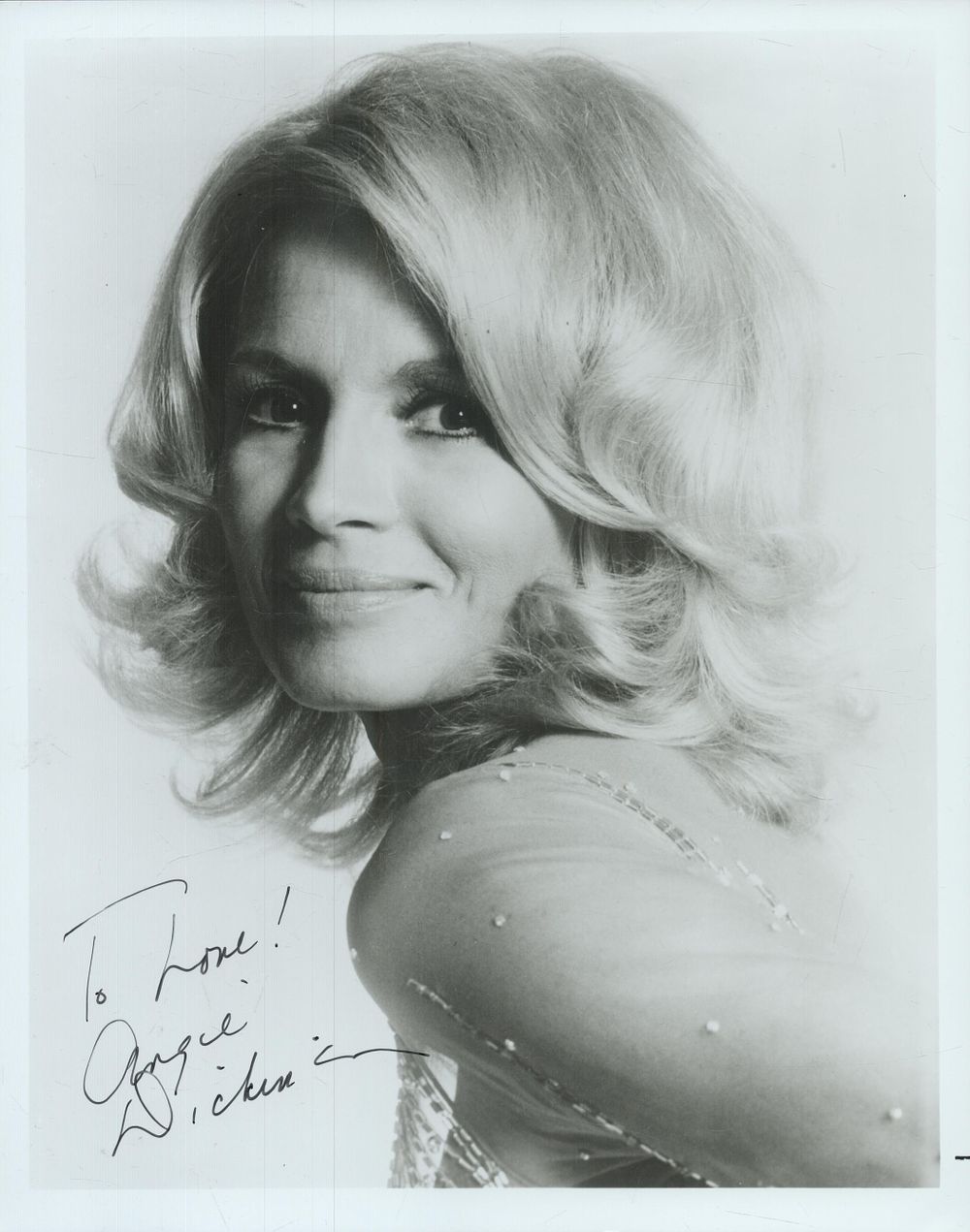 Lot 248: Angie Dickinson signed 10x8inch black and white photo....