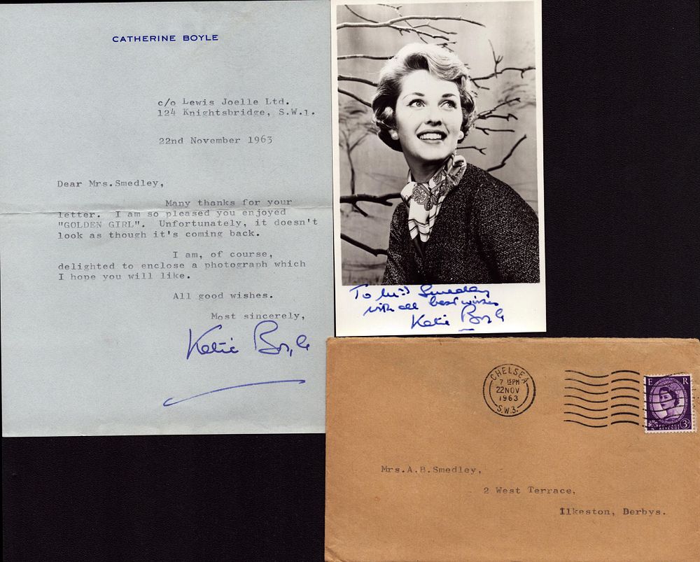 Lot 318: Katie Boyle signed 6x4 inch black and white...