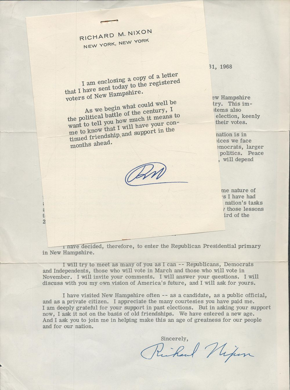 Lot 333: Richard Nixon TLS dated January 31, 1968, and...