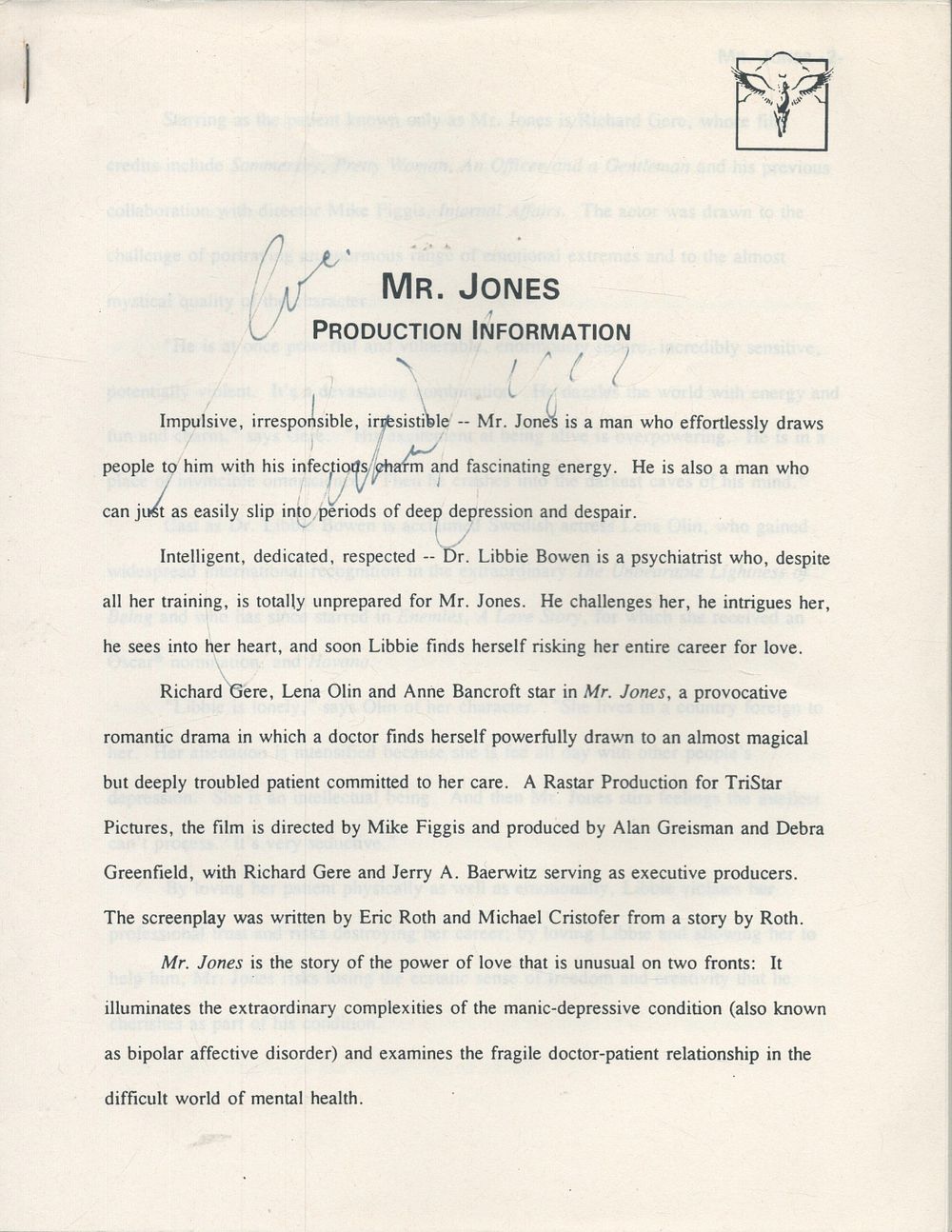 Lot 339: Richard Gere signed Mr Jones production information booklet...
