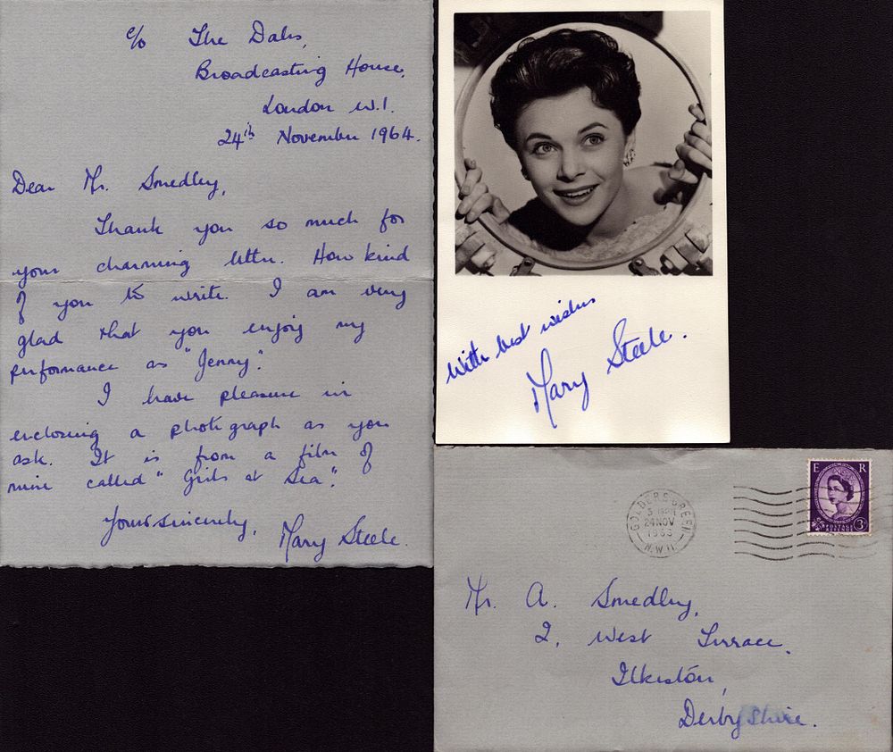 Lot 389: Mary Steele signed 6x4 inch vintage black and...