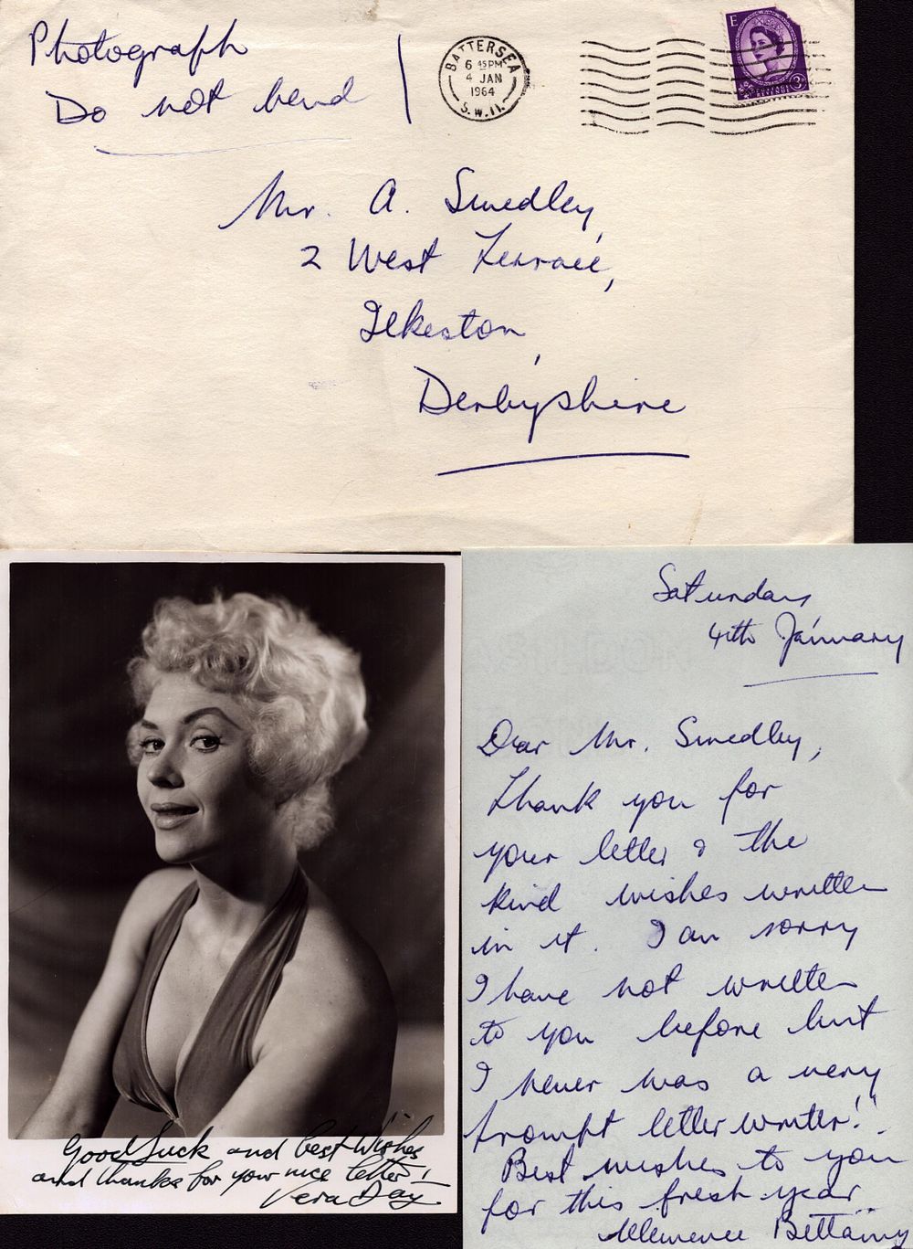 Lot 395: Vera Day signed 7x5 inch vintage black and...