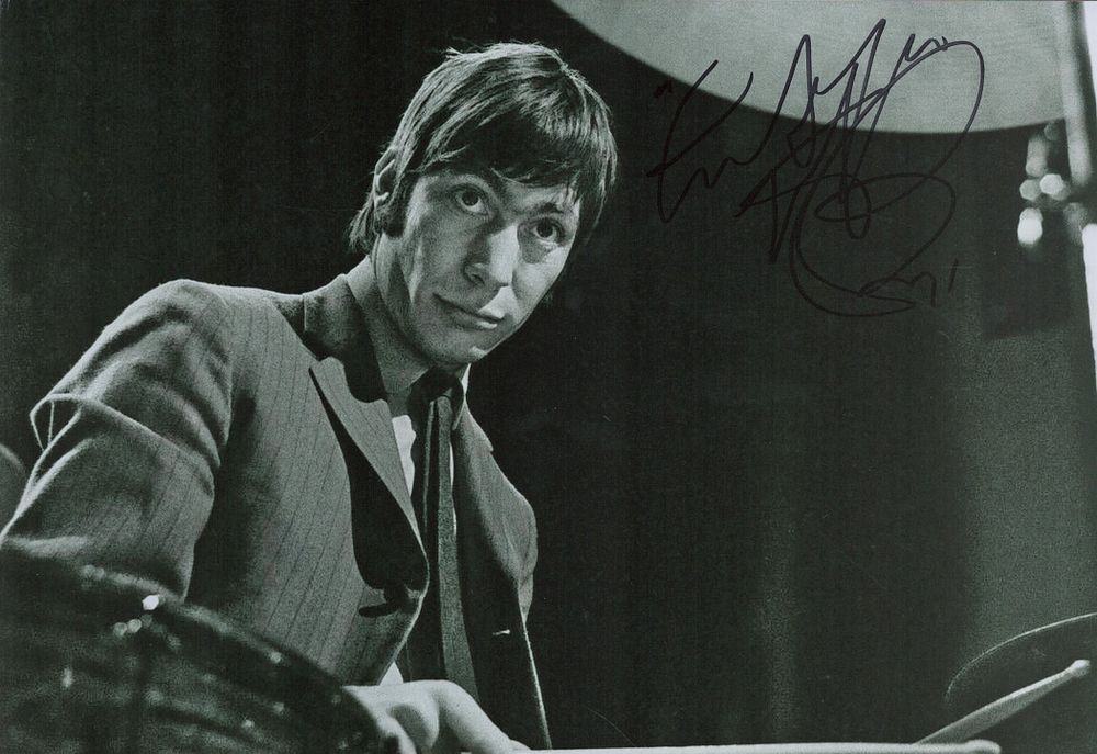 Lot 436: Charlie Watts signed 12x8 Inch black & white...