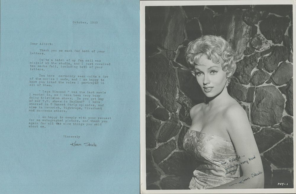 Lot 79: Karen Steele signed 10x8 inch vintage black and...