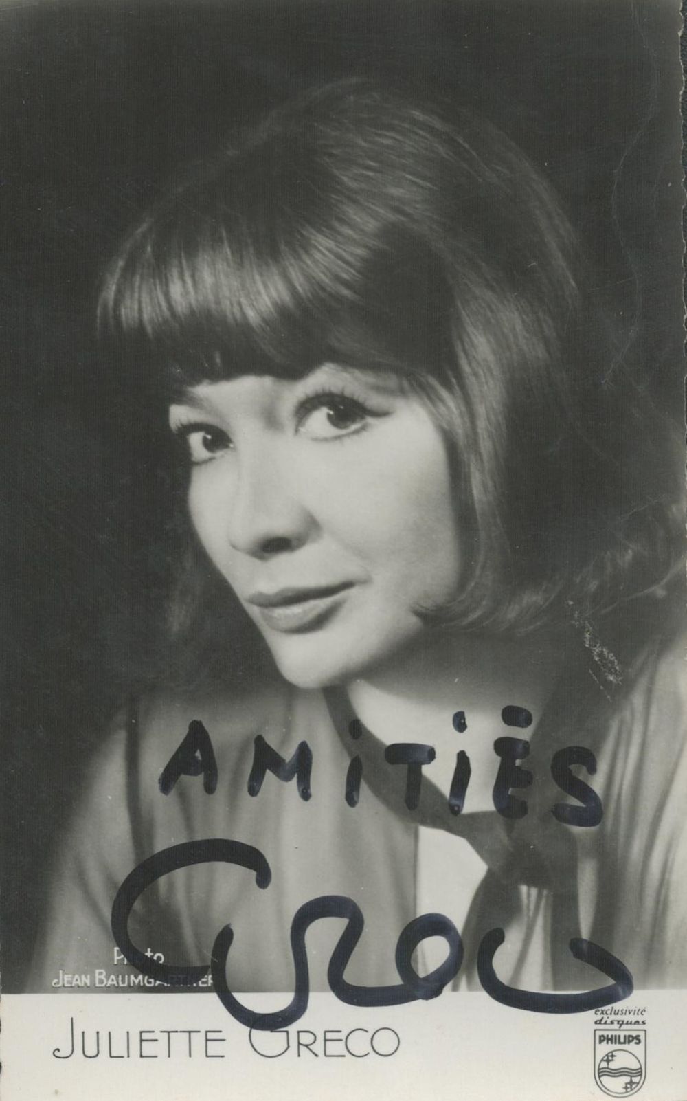 Lot 106: Juliette Greco signed 6x4 inch approx black and...