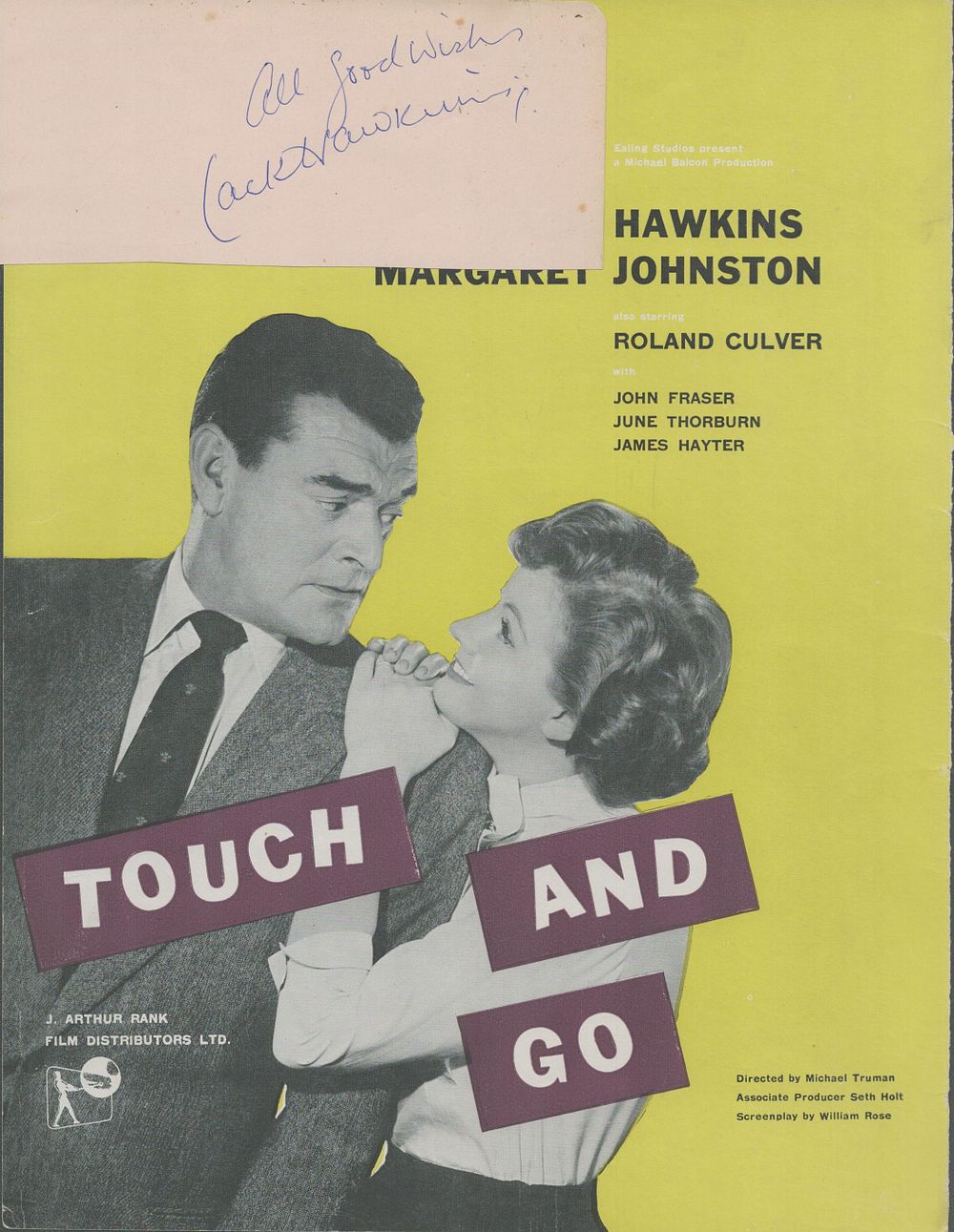 Lot 344: Jack Hawkins, CBE signed pink signature page Approx....
