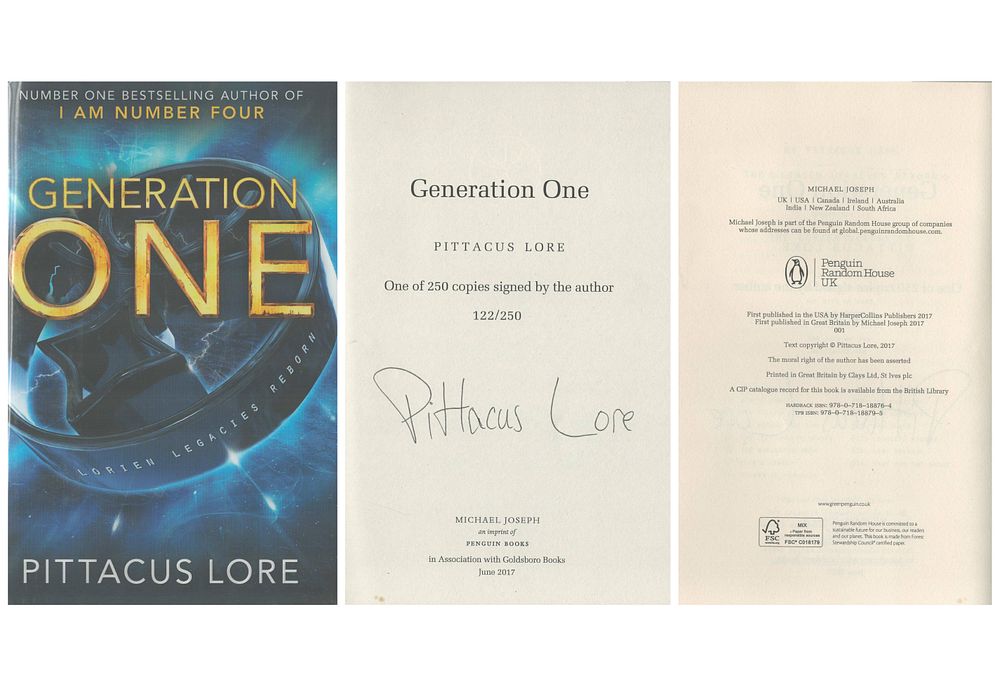 Lot 444: Pittacus Lore signed hardback book titled, Generation One,...