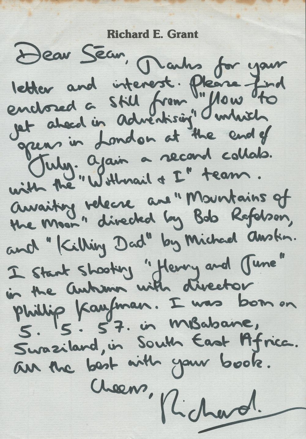 Lot 461: Richard E. Grant signed hand written letter A4...