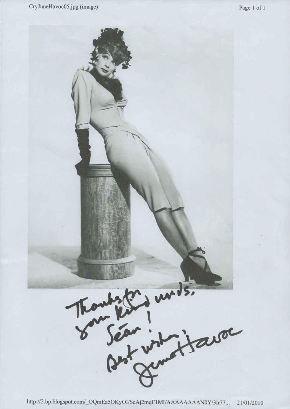 Lot 480: June Havoc signed printed picture size A4. Was...