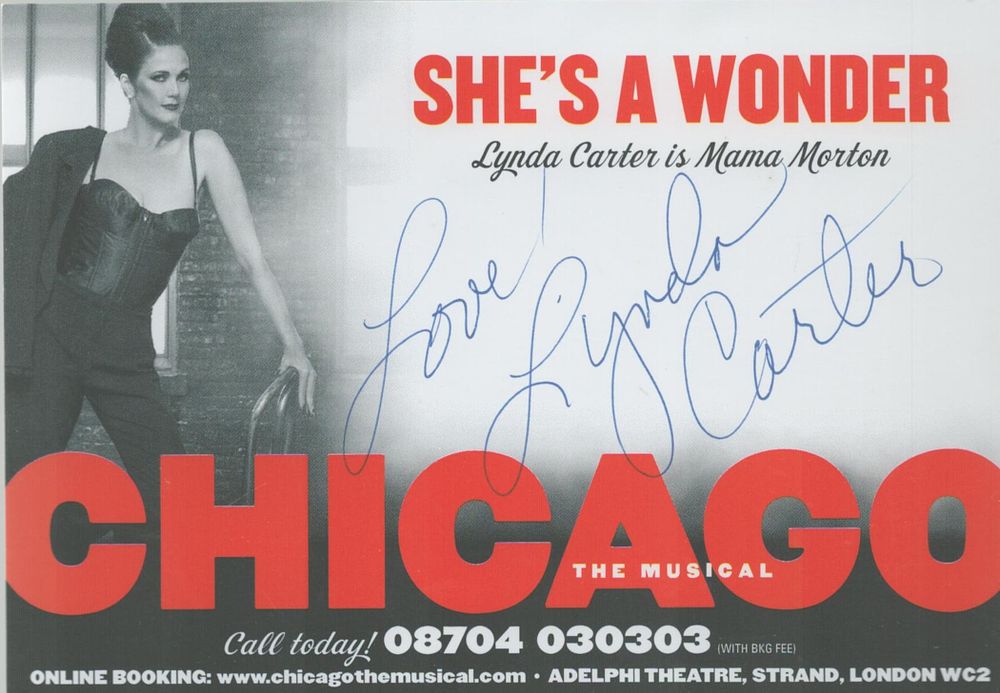 Lot 489: Lynda Carter signed Theatre card 6x4 Inch. 'Chicago'...