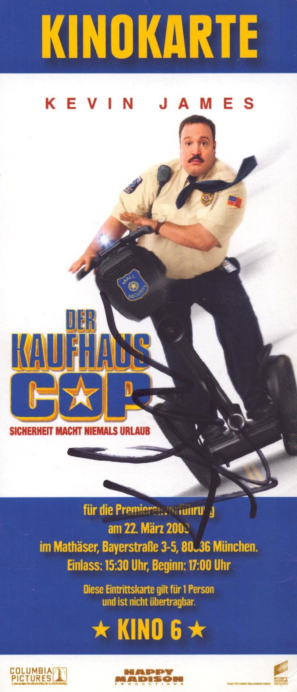Lot 623: Kevin James signed Mall Cop German card 6.5x3...