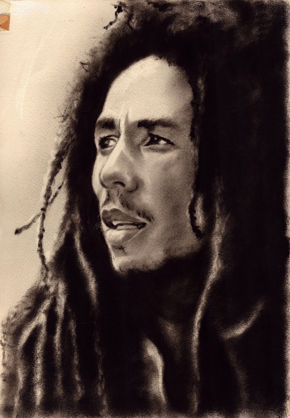 Lot 627: Bob Marley charcoal original portrait on card, 14.5x10...