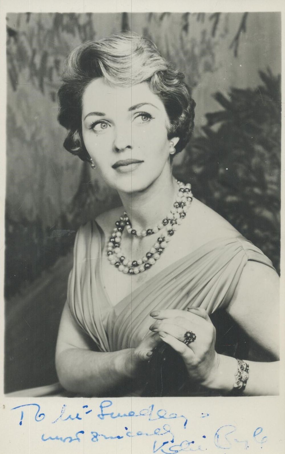 Lot 102: Katie Boyle signed 6x4inch black and white photo....