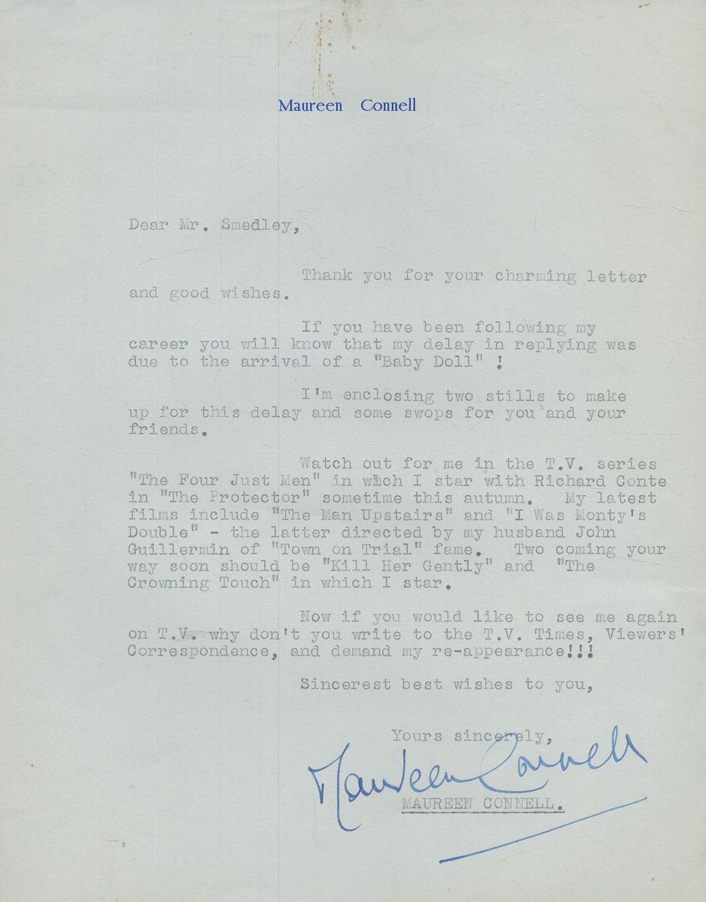 Lot 110: Maureen Connell TLS. Good condition. All autographs come...