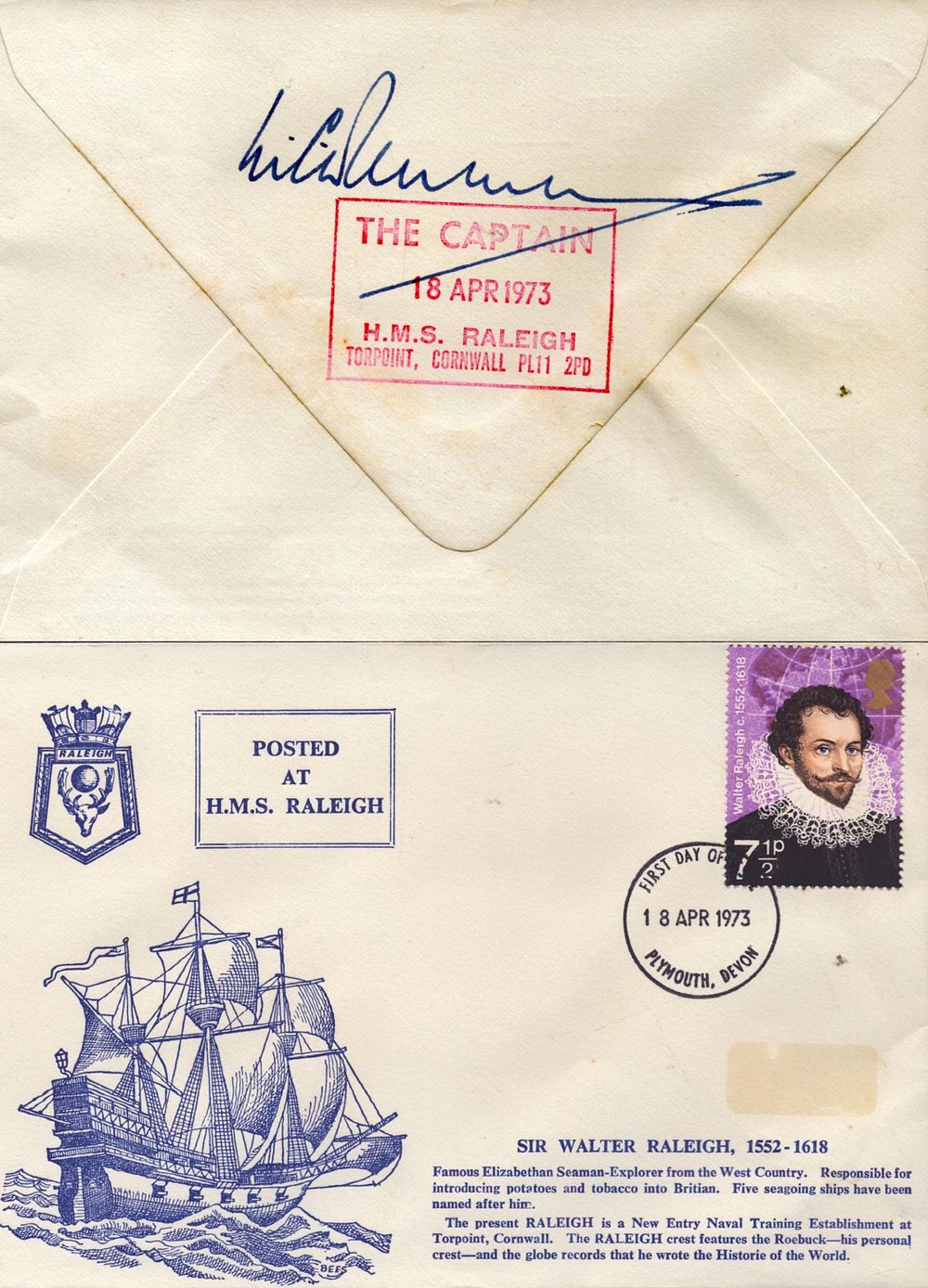 Lot 123: HMS RALEIGH First Day Cover 18.4.1973 signed by...