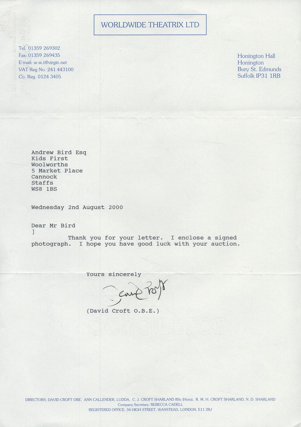 Lot 211: David Croft TLS dated 2/8/2000. Good condition. All...