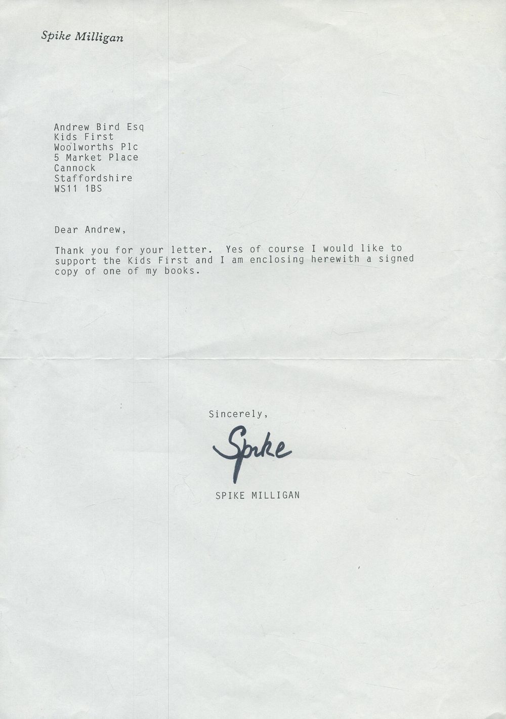 Lot 212: Spike Milligan TLS. Good condition. All autographs come...