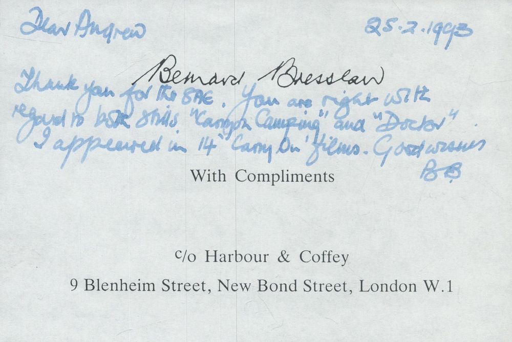 Lot 214: Bernard Bresslaw signed compliment slip. Good condition. All...