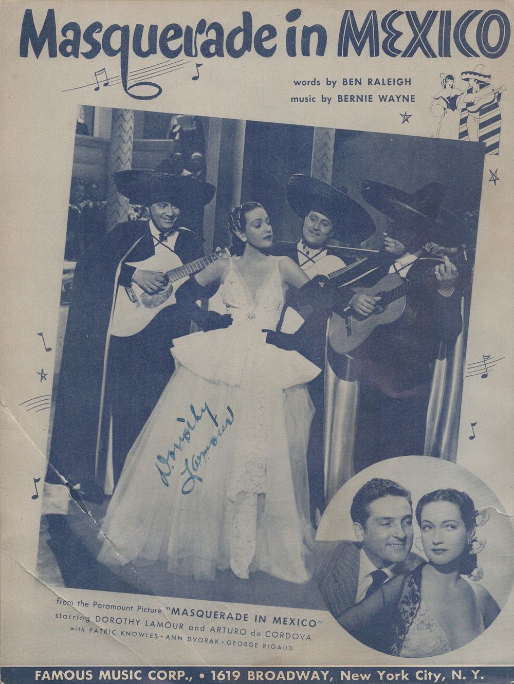 Lot 21: Dorothy Lamour signed Sheet Music, 'Masquerade in Mexico'...
