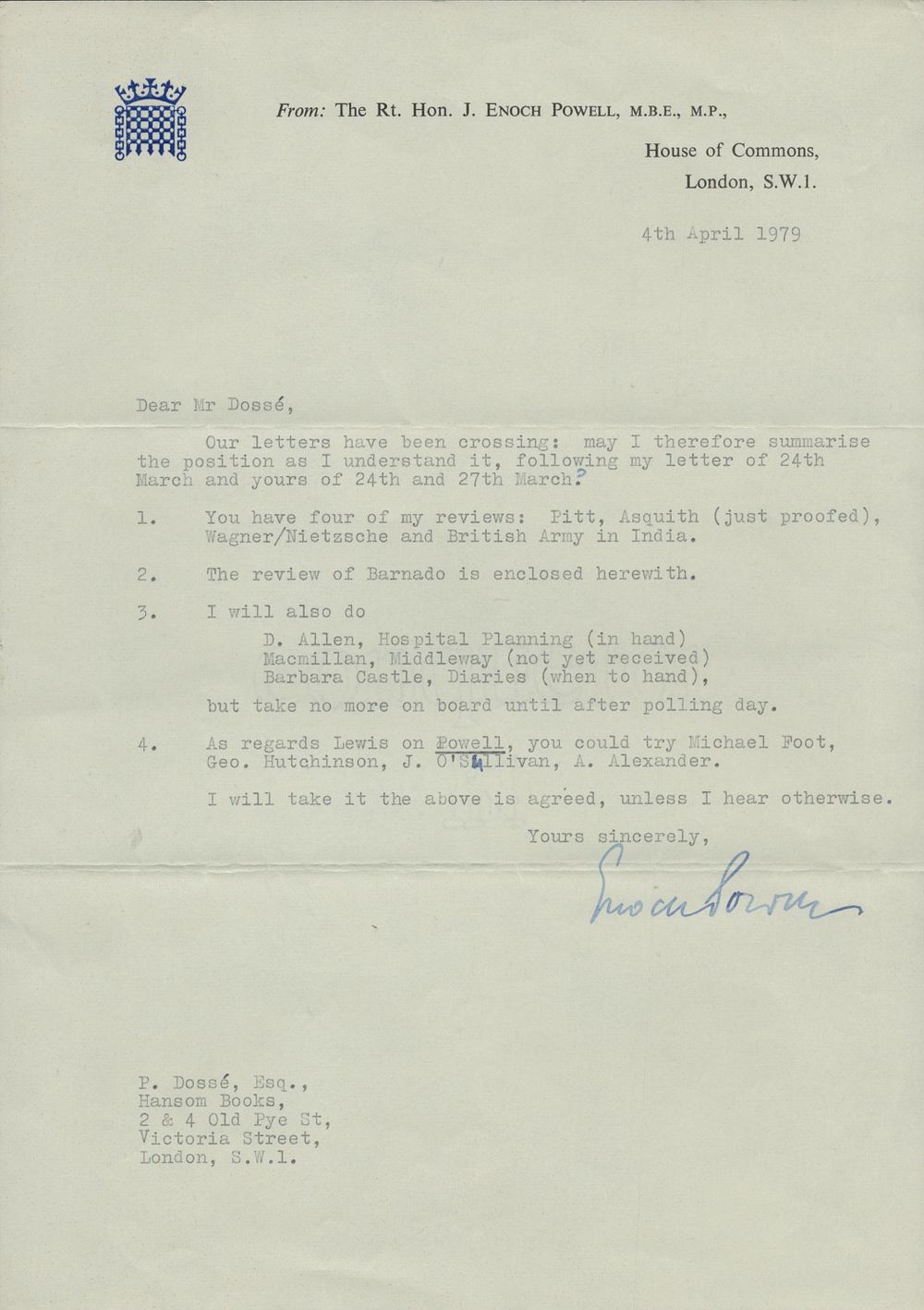 Lot 158: Enoch Powell vintage TLS on House of Commons...