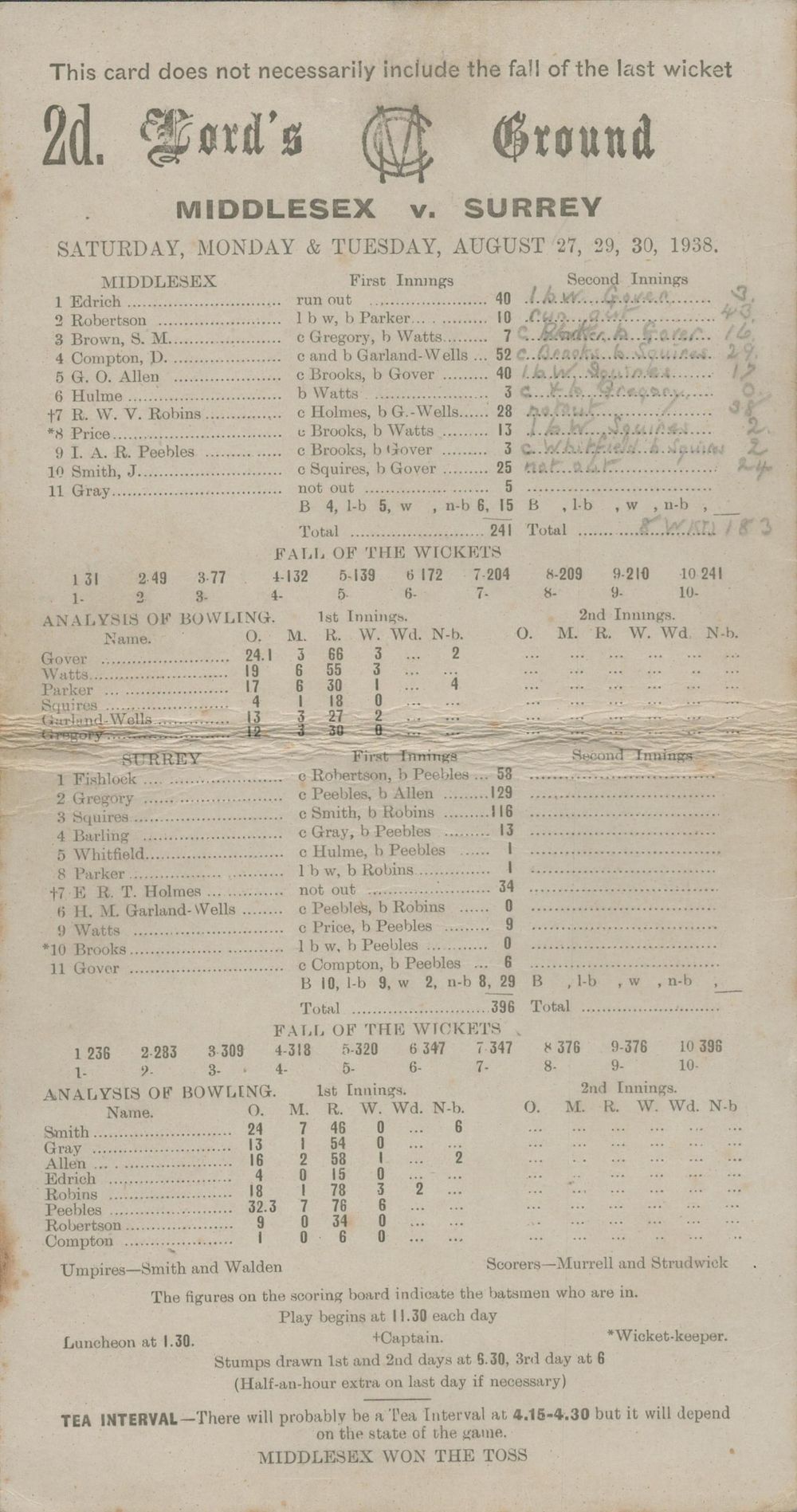 Lot 167: Cricket Middlesex v Surrey vintage 1938 Lords Score...