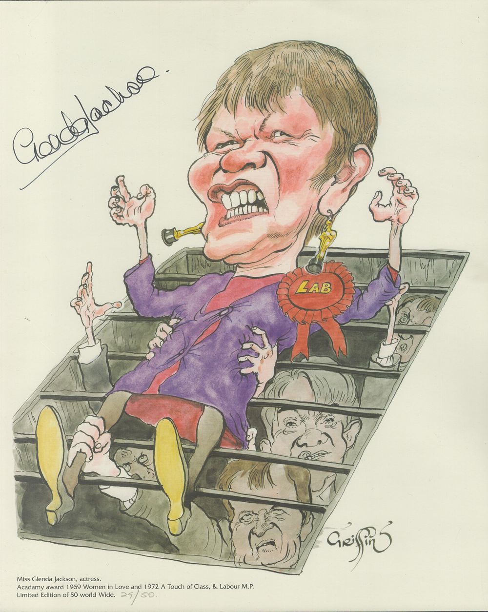 Lot 229: Glenda Jackson signed 14x12 inch caricature limited edition...