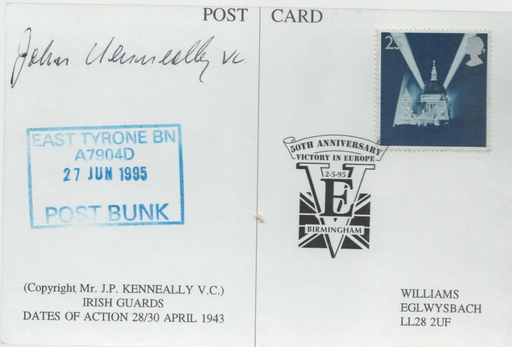 Lot 432: John Kenneally VC Irish Guards signed postcard. Good...